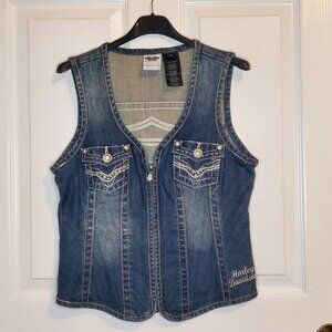 Harley-Davidson MEDIUM Rhinestone Bejeweled Blue Denim Zip Up Vest